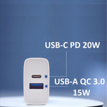 foto de CARGADOR EWENT USB-C Y USB-A QC3.0 AC PD 2 PUERTOS (20W) BLANCO