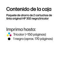 foto de HP Paquete de ahorro de 2 cartuchos de tinta original 302 negro/tricolor