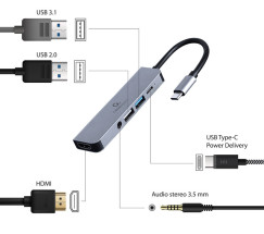 foto de ADAPTADOR MULTIPUERTO USB TIPO C 5 EN 1 HUB HDMI PD AUDIO ESTERO