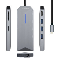 foto de HUB AISENS USB-C DOCK 8 EN 1 USB-C 1xHDMI 1xRJ45 3xUSB 1xPD 1xSD 1xMICR-SD 15CM