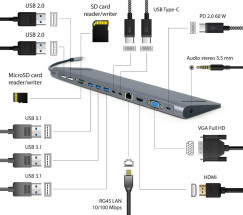 foto de ADAPTADOR MULTIPUERTO GEMBIRD USBC 9EN1 HUB,HDMI,VGA,PD,LECTOR,LAN,AUDIO3,5