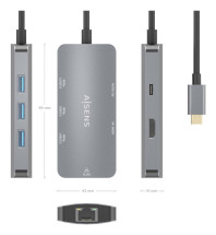 foto de HUB AISENS USB-C DOCK 6 EN 1 USB-C A 1XHDMI 1XRJ45 3XUSB-A USB-C PD 15CM