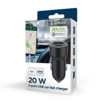 foto de CARGADOR RAPIDO PARA COCHE GEMBIRD CON 2 PUERTOS USB, TIPO C PD, 20 W, NEGRO