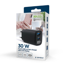 foto de CARGADOR RAPIDO USB GEMBIRD DE 2 PUERTOS Y 30 W, LCD, NEGRO