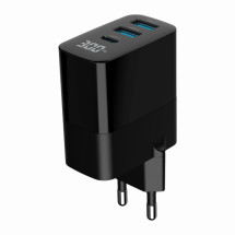 foto de CARGADOR RAPIDO USB GEMBIRD GAN DE 3 PUERTOS Y 30 W, LCD, NEGRO