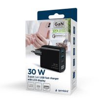 foto de CARGADOR RAPIDO USB GEMBIRD GAN DE 3 PUERTOS Y 30 W, LCD, NEGRO