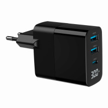 foto de CARGADOR RAPIDO USB GEMBIRD GAN DE 3 PUERTOS Y 30 W, LCD, NEGRO