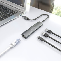 foto de USB3.0 DOCK AISENS USB-A A ETHERNET GIGABIT HUB 1XUSB-C+2XUSB-A GRIS 15CM
