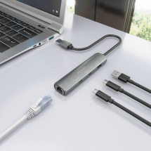 foto de USB3.0 DOCK AISENS USB-A A ETHERNET GIGABIT HUB 2XUSB-C+1XUSB-A GRIS 15CM