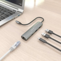 foto de DOCK AISENS USB-C A ETHERNET GIGABIT HUB 1XUSB-C+2XUSB-A GRIS 15CM
