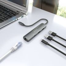 foto de DOCK AISENS USB-C A ETHERNET GIGABIT HUB 1XUSB-C+2XUSB-A GRIS 15CM