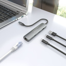 foto de DOCK AISENS USB-C A ETHERNET GIGABIT HUB 2XUSB-C+1XUSB-A GRIS 15CM